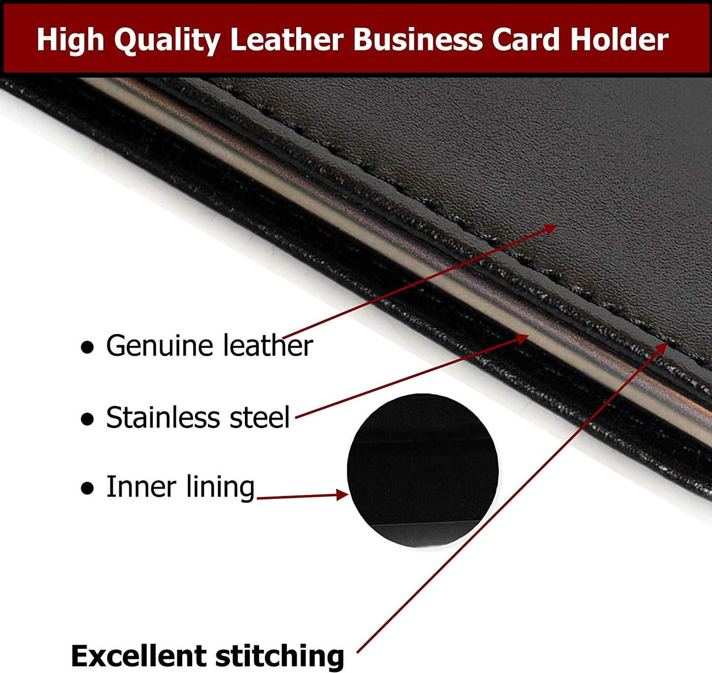 Business Card Holder for Men and Women – Genuine Leather and Premium Stainless-Steel Professional Wallet Type Small Pocket Case - Perfect for Travel – Keep Cards Secure – Black