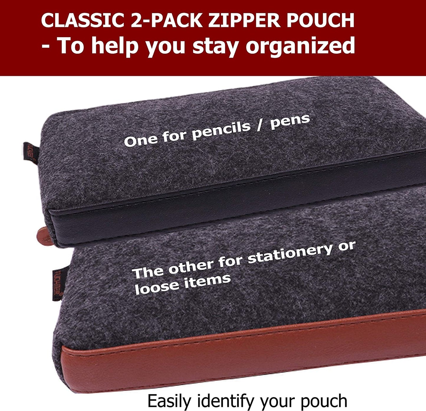 Pencil Bags Pen Bag Cases - Small Zipper Pouch for Adults Purse and Briefcase – Zippered Pouches for Stationery & Accessories – Premium Black Felt Zip Case – Set of 2